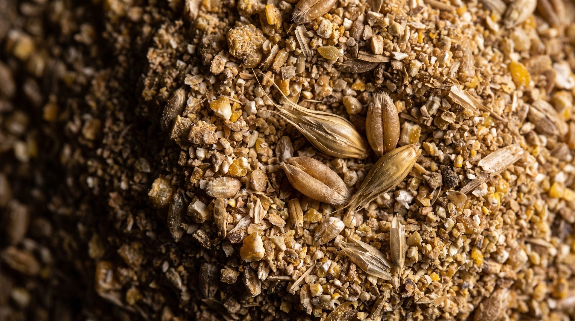 Macro photograph of freshly milled pig feed, coarse ground cereal meal with whole barley kernels resting on top.