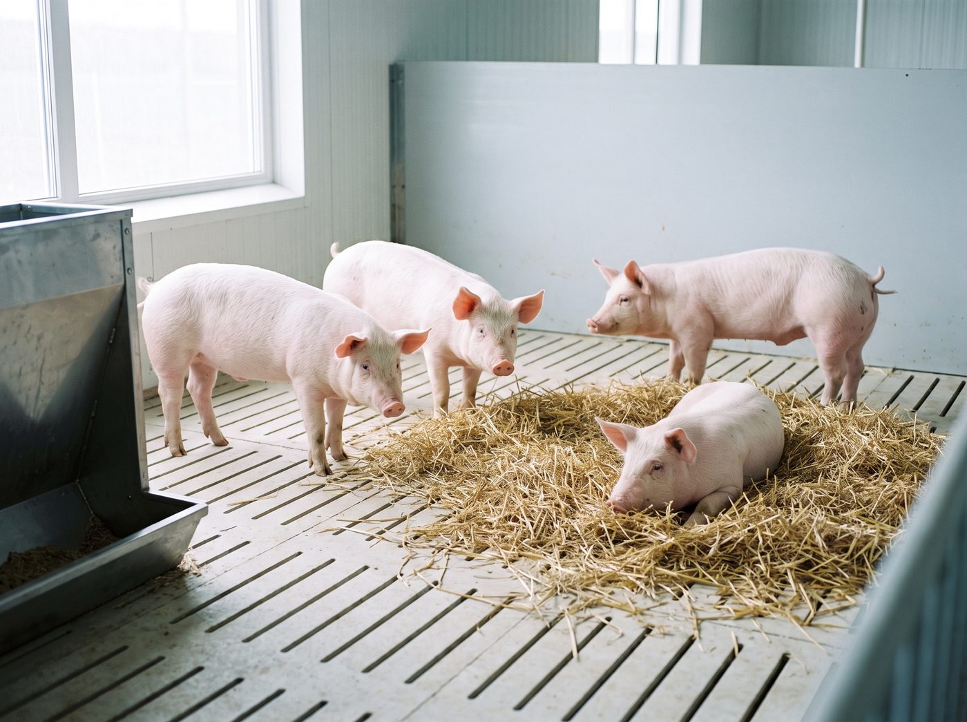 Weaner pigs in a clean, straw-bedded pen, photographed at pig height in natural light.
